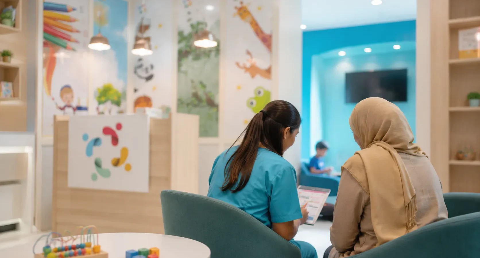 Une soignante en tunique turquoise présente un document sur tablette à une mère assise à ses côtés, dans l’espace d’accueil du centre