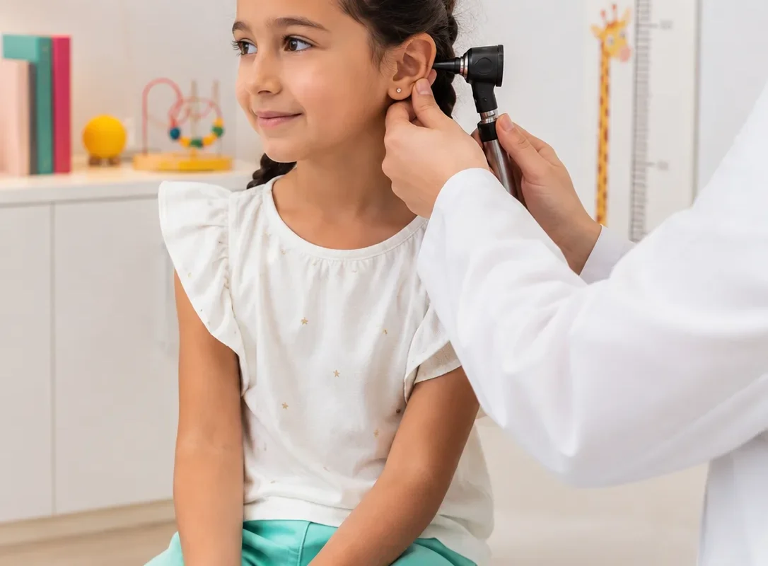 Une praticienne examine l’oreille d’une fillette assise sur la table d’examen à l’aide d’un otoscope