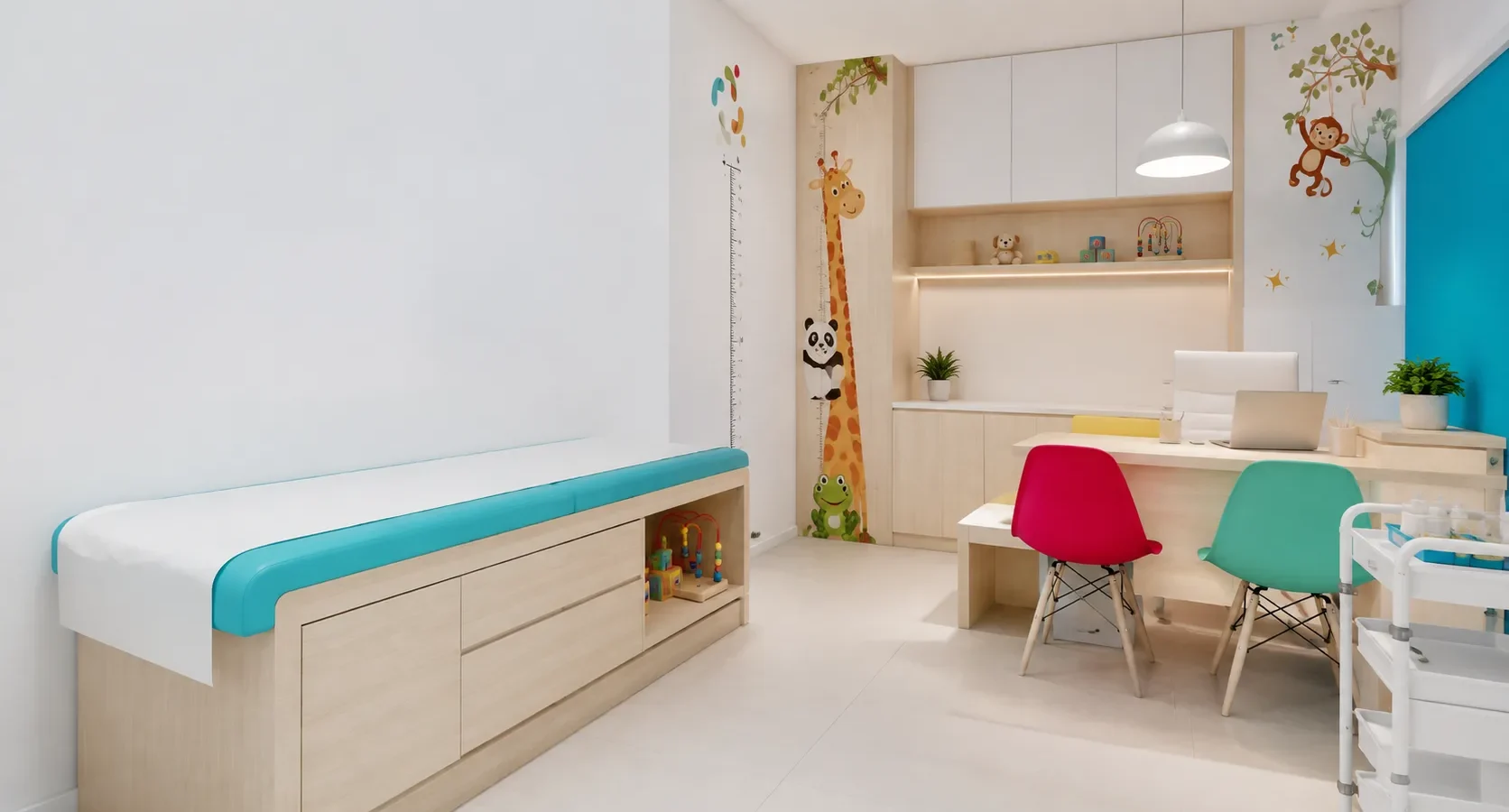Salle de consultation pédiatrique du centre Kids Care : table d’examen, toise murale illustrée d’une girafe, bureau et chaises colorées